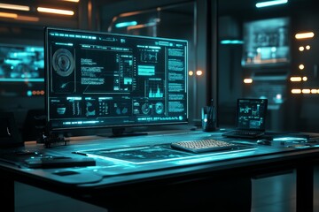 Leinwandbilder - High-tech workspace with dual monitors displaying data analysis late at night