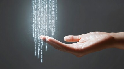 Data stream falling onto hand, dark background, digital technology concept
