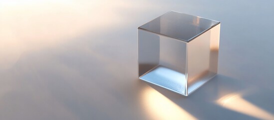 Glass cube on white surface, sunlight background, product display