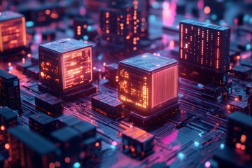 Aufkleber - Digital landscape with glowing processors on a circuit board at night