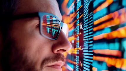 Close up of programmer looking at colorful programming code reflected in glasses, technology concept with blue and orange data visualization.