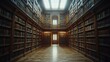 © Lemdah - Grand library interior, bookshelves, wooden floor, sunlight.
