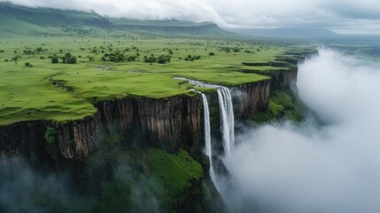 Canvas Print - the waterfall is surrounded by green grass and clouds