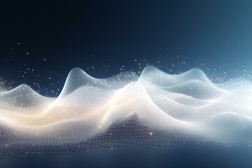 Wall Mural - Abstract white mesh grid waves are flowing on a dark blue background with sparkling particles