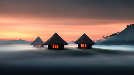 Wall Mural - three houses in the fog with orange lights