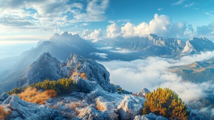 majestic mountain vista with rocky outcrops and clouds below a blue sky, showcasing a stunning panor