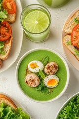 Wall Mural - A white plate with a green soup and a glass of juice. The soup is topped with eggs and a green leaf