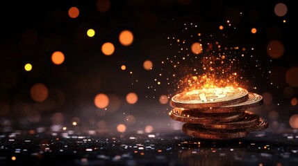 Wall Mural - a stack of coins with a bright orange flame on top