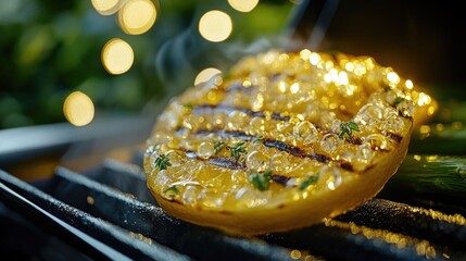 Wall Mural - A grilled orange with a lot of sauce on it. The sauce is made of sugar and water