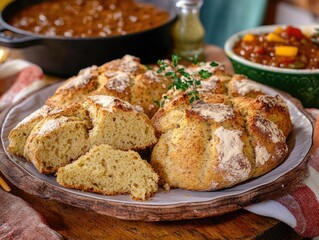 Wall Mural - A plate of bread with a piece missing. The bread is on a wooden table with a bowl of chili in the background