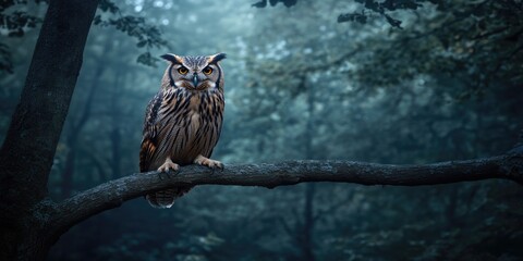 A large owl is perched on a tree branch in a dark forest. The owl's eyes are glowing, creating a sense of mystery and intrigue. The image evokes a feeling of calmness and serenity