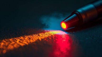 Wall Mural - red laser beam from a laser pointer on a wet surface. the laser beam is reflected on the surface of 