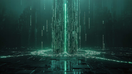 Futuristic green digital code with vertical streaming data