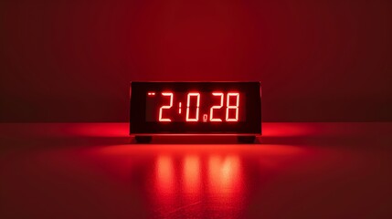 Wall Mural - a red digital clock displays the time 2:08 in a dark room.
