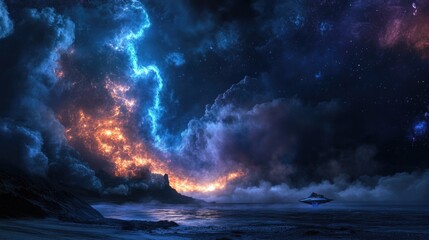 Wall Mural - ocean at night with starry sky