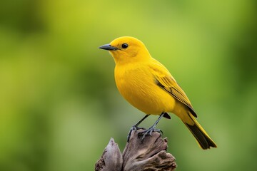 vibrant yellow songbird perched on a branch against a soft green natural background
