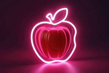 Wall Mural - A vibrant 3D rendered red apple, outlined in pink neon light, glows against a dark background.