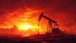© Darya - Silhouetted against a vibrant sunset, an oil pumpjack stands as a powerful symbol of the fossil fuel industry during twilight hours. The sky is ablaze with color, creating a dramatic backdrop