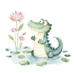 Wall Mural - Watercolor crocodile standing in pond with lotus flowers and lily pads isolated on white background.