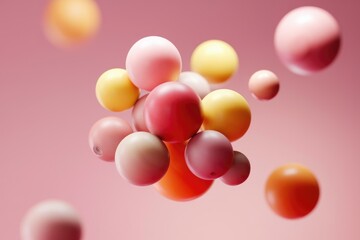 Wall Mural - A cluster of pastel-colored spheres floats against a soft pink background, creating an abstract and dreamy visual.