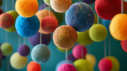 Wall Mural - colorful yarn balls hanging from strings against a blurred background.