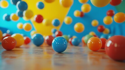 Wall Mural - Colorful 3D balls in motion. The balls have different colors and are reflected on the surface. The background is blurred.