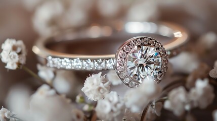 Exquisite diamond engagement ring with a round brilliant cut center stone surrounded by a halo of smaller diamonds, set in a white gold or platinum ba