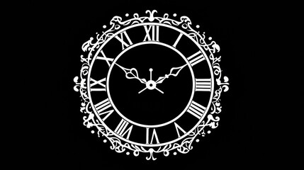 Poster - Intricate white clock design with Roman numerals displayed against a black background showcasing elegance and timelessness. Generative AI