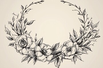 Wall Mural - Elegant floral wreath design featuring roses and leaves on a neutral background, ideal for invitations