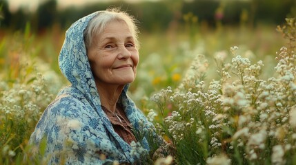 An old woman collects medicinal herbs. Selective focus.