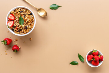 Wall Mural - Bowl with oatmeal granola and ingredients. Top view