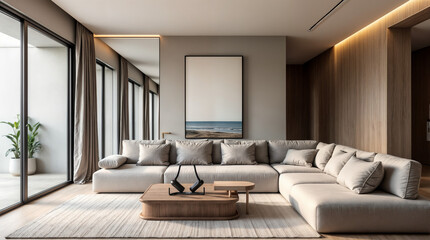 Wall Mural - a living room with a white couch and a white coffee table. there is a large mirror on the wall