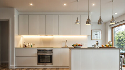 Wall Mural - a kitchen with a white counter and a white island. there is a bowl of fruit on the counter