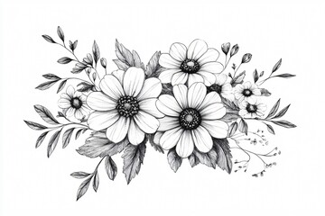 Wall Mural - Black and white floral illustration featuring blooming flowers surrounded by leaves and buds