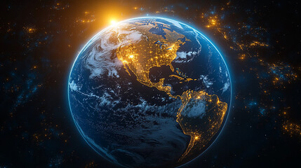earth glowing with shining light against the infinite darkness of space