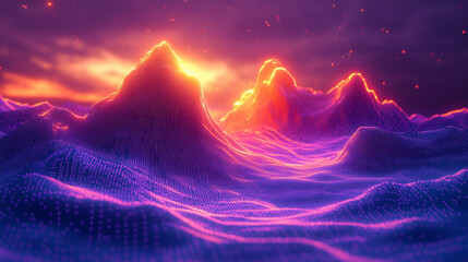 Wall Mural - abstract landscape with bright neon mountains illuminated with orange and pink lights under a starry