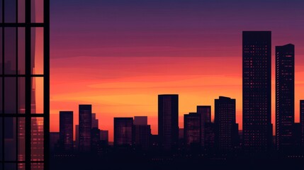 Wall Mural - city skyline at sunset with vibrant colors and silhouettes of buildings, creating a serene atmospher