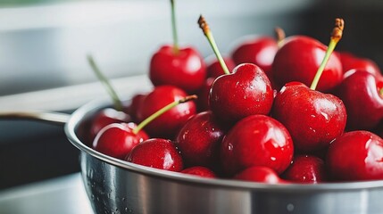 Aufkleber - A bowl filled with vibrant red cherries sits on a kitchen counter, highlighting their shiny skin and green stems. Sunlight reflects off the metal surface, enhancing the fresh, appetizing look.