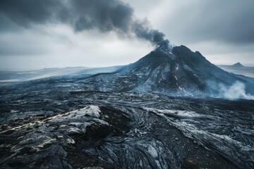 Wall Mural - Smoke and ash fill the air as a volcano erupts sending lava down a mountain side