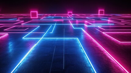 Neon maze path on dark concrete floor, abstract gaming background