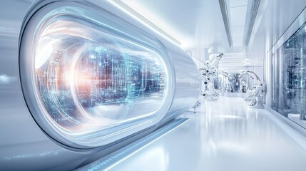 Fototapete - A sleek and modern laboratory showcases cutting-edge technology with glowing data displays. Robotic arms are actively engaged in high-tech tasks, emphasizing innovation and advanced research.