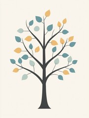 Poster - Tree icon featuring branches and leaves in varying shades of green and yellow against a light background. Generative AI