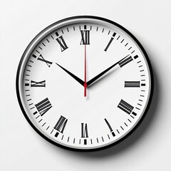 Poster - Classic round wall clock displaying Roman numerals and elegant black and red hands on a white background. Generative AI