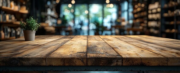 Wall Mural - An abstract blur and bokeh of a wood plank table top with a blue color tone used as a design shopping background and banner montage for product layout