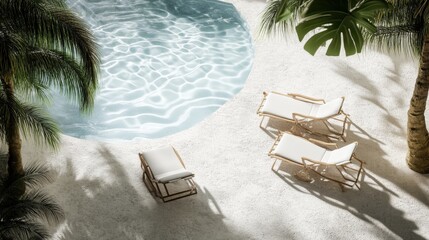 Sticker - Serene tropical poolside scene featuring elegant loungers surrounded by lush greenery