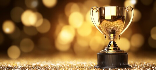 Wall Mural - golden trophy award for music or race sport nomination winner with bokeh golden light sparkle backgr
