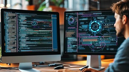 A programmer working on dual monitors with colorful code display