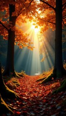 Wall Mural - Sun-drenched autumnal woodland vista, rich colors , golden, woods