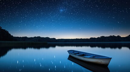 serene night scene with a boat on calm water under a starry sky at twilight hour