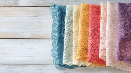 Aufkleber - Colorful lace fabrics arranged on a light wooden surface with soft natural light and elegant texture